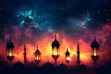 Sticker - Night sky, lanterns, mosque, celebration, background