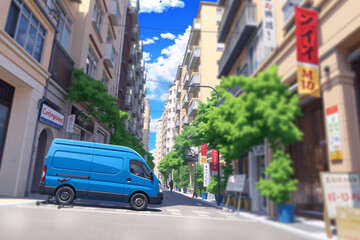 Naklejka na meble In this anime-style urban street scene, the peaceful atmosphere is enhanced by lush greenery and vibrant signs, offering a serene escape within the city’s lively setting.