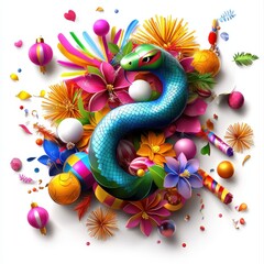 Wall Mural - Vibrant Colorful Snake Surrounded by Festive Floral Decorations