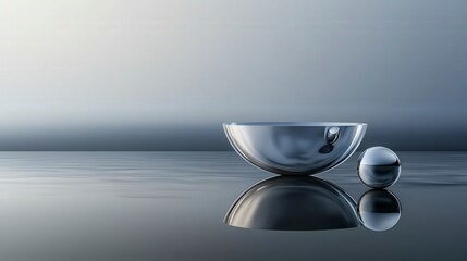 Aufkleber - Minimalist metallic bowl and sphere reflection modern workspace digital art calm atmosphere eye level contemporary aesthetics