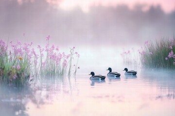 Aufkleber - Tranquil morning with ducks swimming in a misty lake surrounded by blooming flowers at dawn. Generative AI