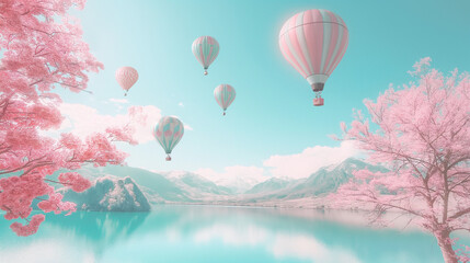 
Pastel pink and blue hot air balloons float over a magical landscape with mountains, calm lakes, and trees covered in soft pink blossoms, symbolizing the arrival of spring