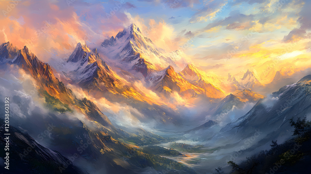 majestic mountain range during sunrise with warm golden light ...