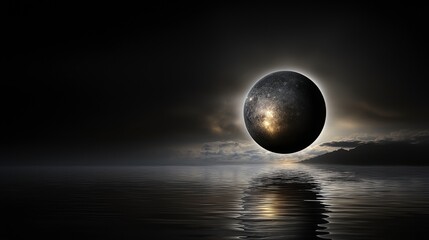 Poster - Eclipse phenomenon captured over serene water grayscale visual art mystical nature dramatic viewpoint