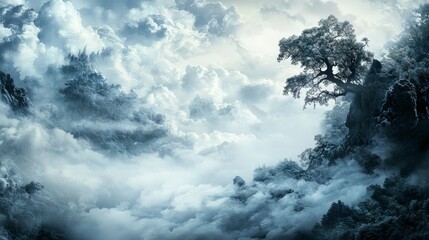 Aufkleber - Ethereal mist and cloud formation over serene landscape dreamy nature art tranquil environment aerial view fantasy concept