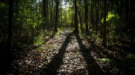 Poster - Tropical forest shadows cast on leafy pathway nature walk soft focus lush environment serene viewpoint tranquil concept