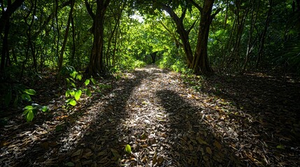 Poster - Shadows from tropical forest leaves nature trail soft focus image lush environment ground level serenity in nature
