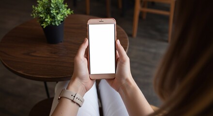Mockup woman's hand holding using smart phone with white blank screen at coffee shop, mobile app design and advertising, online marketing

