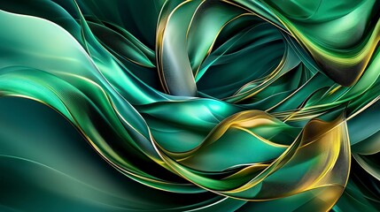 Poster - Abstract twisted rings interwoven in fluid motion digital art vibrant green and gold contemporary artistic concept