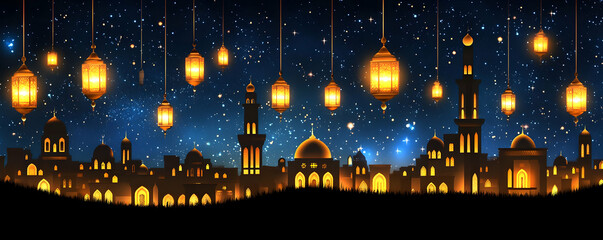 Sticker - Night Cityscape Lanterns, Mosque, Stars