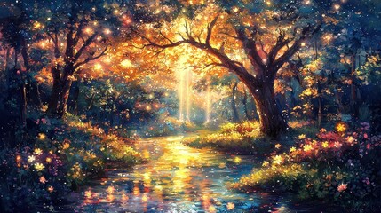  A serene fantasy valley glowing under a starlit sky filled with twin auroras. Radiant rivers of liquid crystal flow gently through the landscape, reflecting the soft glow of bioluminescent flowers 