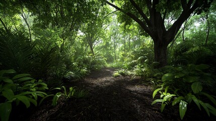 Poster - Serene tropical forest pathway lush green nature visual art tranquil environment ground-level perspective abstract shadows