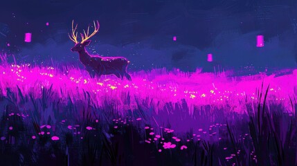 Wall Mural - A serene meadow glowing softly with radiant wildflowers that bloom in constellations. Golden deer with luminous antlers roam peacefully, while floating lanterns drift gently above, casting shimmering 