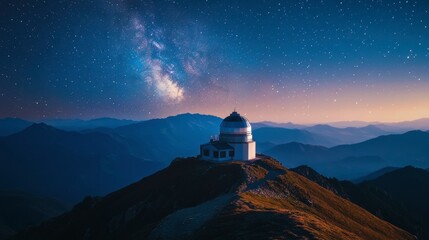 A serene observatory on a mountain peak under a clear, star-filled night sky