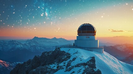 A serene observatory on a mountain peak under a clear, star-filled night sky