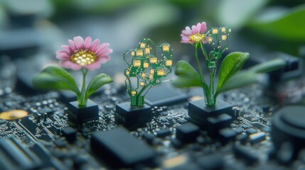 Poster - A conceptual representation of technology and nature blending seamlessly, featuring circuit board plants.