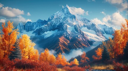 Poster - A towering mountain peak, autumn scenery with vibrant fall colors, clear sky with no clouds, crisp atmosphere, golden and red leaves.