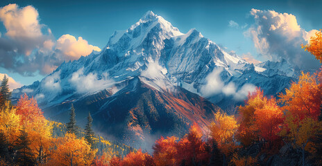 Poster - A towering mountain peak, autumn scenery with vibrant fall colors, clear sky with no clouds, crisp atmosphere, golden and red leaves.