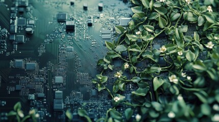 Poster - Green plants growing on top of a dark circuit board representing the fusion of nature and technology
