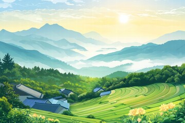 Poster - Serene mountain landscape with terraced fields and distant peaks under morning sun in tranquil setting. Generative AI