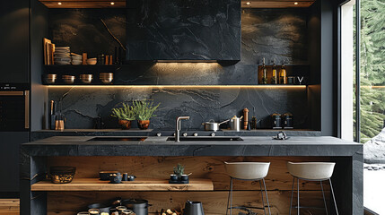 Poster - A kitchen with a black slate worktop, the furniture at the back is black as well, but this atmosphere is seriously enhanced by a few light wood elements.