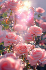 Poster - In a bright, sparkling world of pastel pink roses, there is a beautiful mirror glowing with aurora.