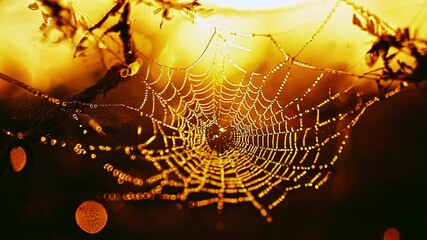 Close-up of spider web with beautiful dew. Creative. Beautiful delicate spider web with dew drops after rain. Elegant spider web with dew on dark blurred background of meadow. Macrocosm of summer sunl