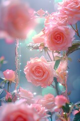 Poster - In a bright, sparkling world of pastel pink roses, there is a beautiful mirror glowing with aurora.