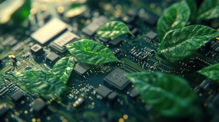 Poster - Green technology concept with leaves growing on a computer circuit board to represent sustainability