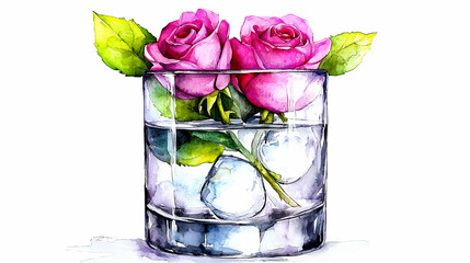 Sticker - A vibrant illustration of two pink roses in a glass filled with water and ice, highlighting the beauty of nature in a refreshing setting.