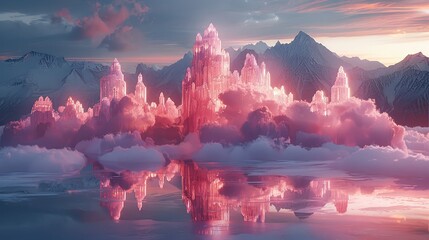 Poster - A magical floating castle glowing with crystal towers under a twilight sky.