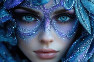 Wall Mural - a ethereal portrait of a woman with iridescent silver and violet face paint intricate cosmic pattern