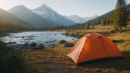 tourist camp in the mountains, tent in the foreground. generative ai.