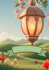 Poster - Lantern with floral decorations in Ramadan journal on serene landscape
