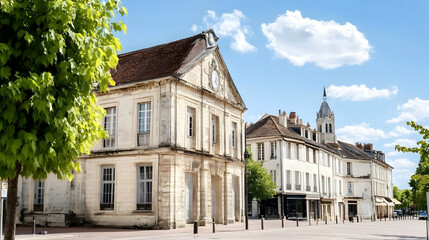 Charming French town square, historical building, sunny day, trees, travel destination