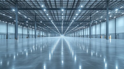 Wide Angle View of an Empty Warehouse with High Ceilings and Bright Lighting Ideal for Commercial Use and Industrial Design Concepts