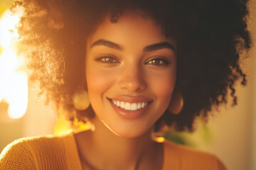 Influencer Smiling, Chic Living Room, Golden Light