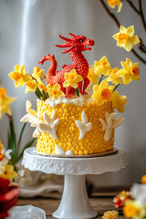 Wall Mural - A cake decorated with edible daffodils and a small red dragon topper, displayed on a white ceramic stand