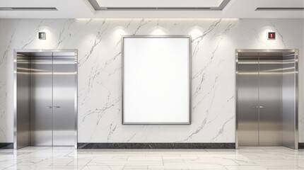 Wall Mural - Blank white poster in a sleek metal frame placed on a marble wall between two elevators in a modern lobby with a bright, clean atmosphere. Ai generative