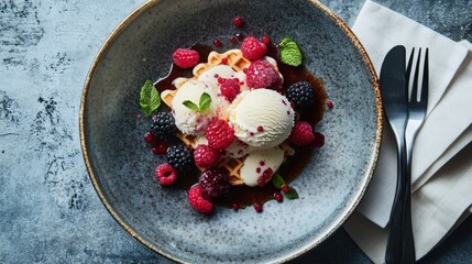 Wall Mural - A waffle with berries and ice cream on top. Presented on a plate on a wooden table. The dessert is served with a knife and fork.