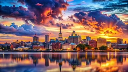 Wall Mural - Newport Rhode Island Skyline Double Exposure Dramatic Sunset Cityscape