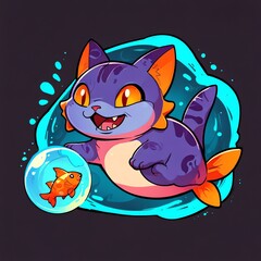 Sticker - Playful Purple Cat with Fishbowl: A Whimsical Cartoon Illustration