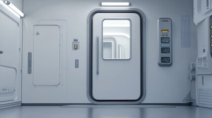 Poster - A futuristic, white, and clean room with doors and controls and screens on the walls