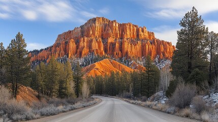 Majestic orange rock formation under blue sky with winding road and pine trees in foreground