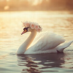 Poster - Elegant swan adorned with flowers gliding peacefully in a serene lake at sunset. Generative AI