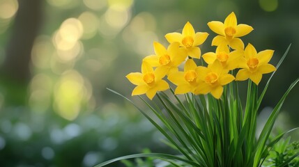 Wall Mural - Serene Springtime: A Cluster of Yellow Daffodils in a Lush Green Garden