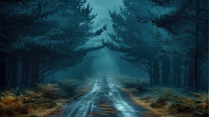 Poster - A dense, cloudy forest in the early morning, tall trees with twisted branches and fog covering the ground, an empty dirt road that disappears into the darkness.