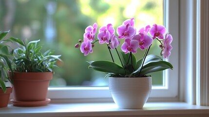 Wall Mural - Pink Orchid Plant on Window Sill with Natural Light