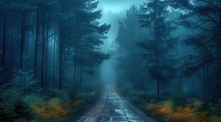 Wall Mural - A dense, cloudy forest in the early morning, tall trees with twisted branches and fog covering the ground, an empty dirt road that disappears into the darkness.