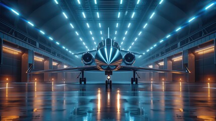 Poster - A sleek, modern hangar with a futuristic aircraft at the center. The aircraft is streamlined and advanced, featuring metallic finishes and glowing accents. The hangar has a high-tech design.